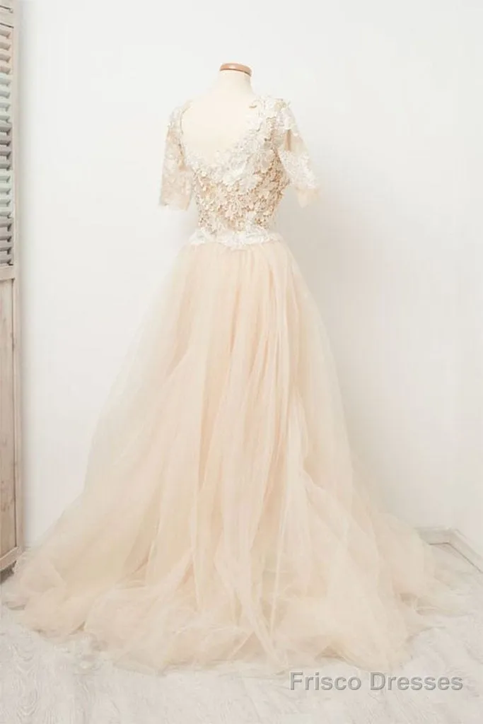 Appliques Tulle Lace Light Champagne Long Prom Dress
