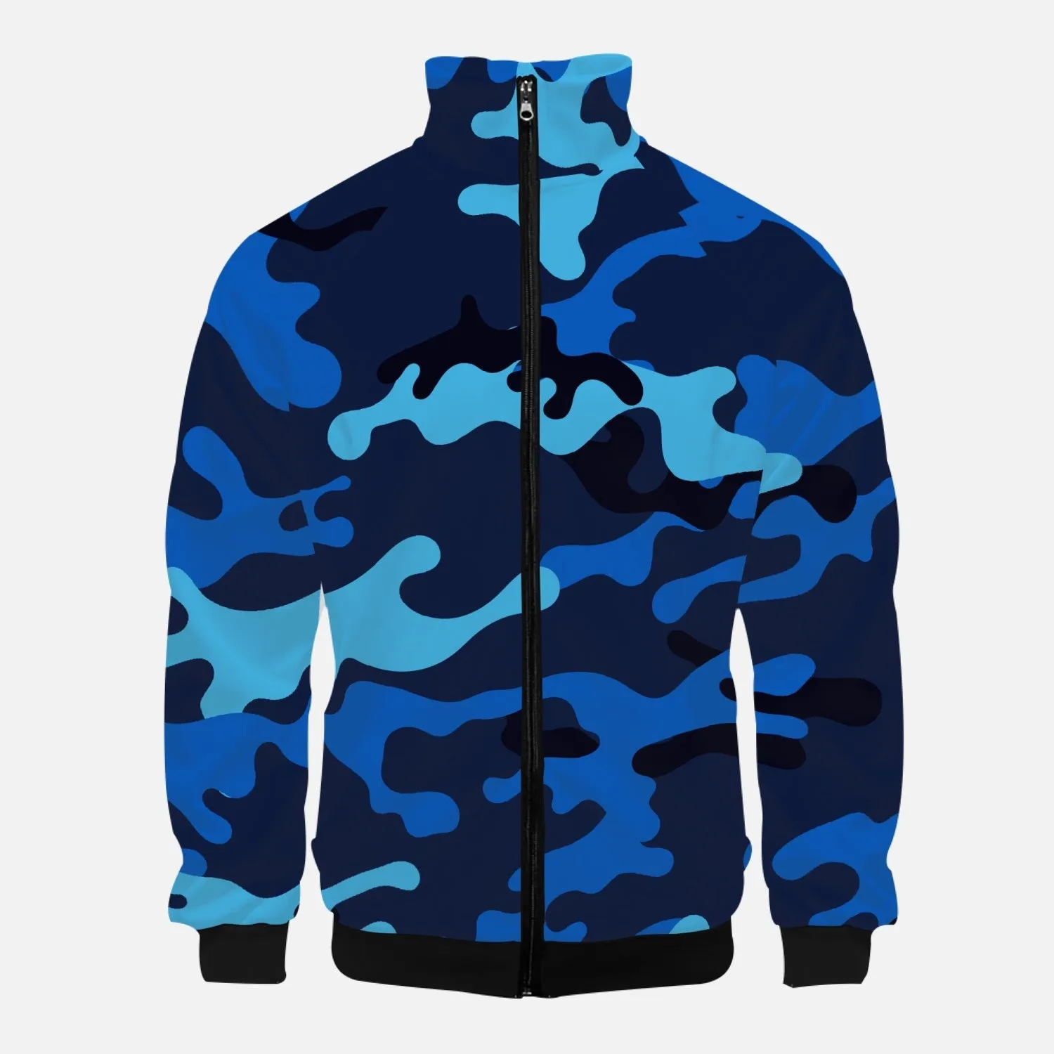 Blue Camo with blue accents - Stand Collar Zipper-up Hoodie
