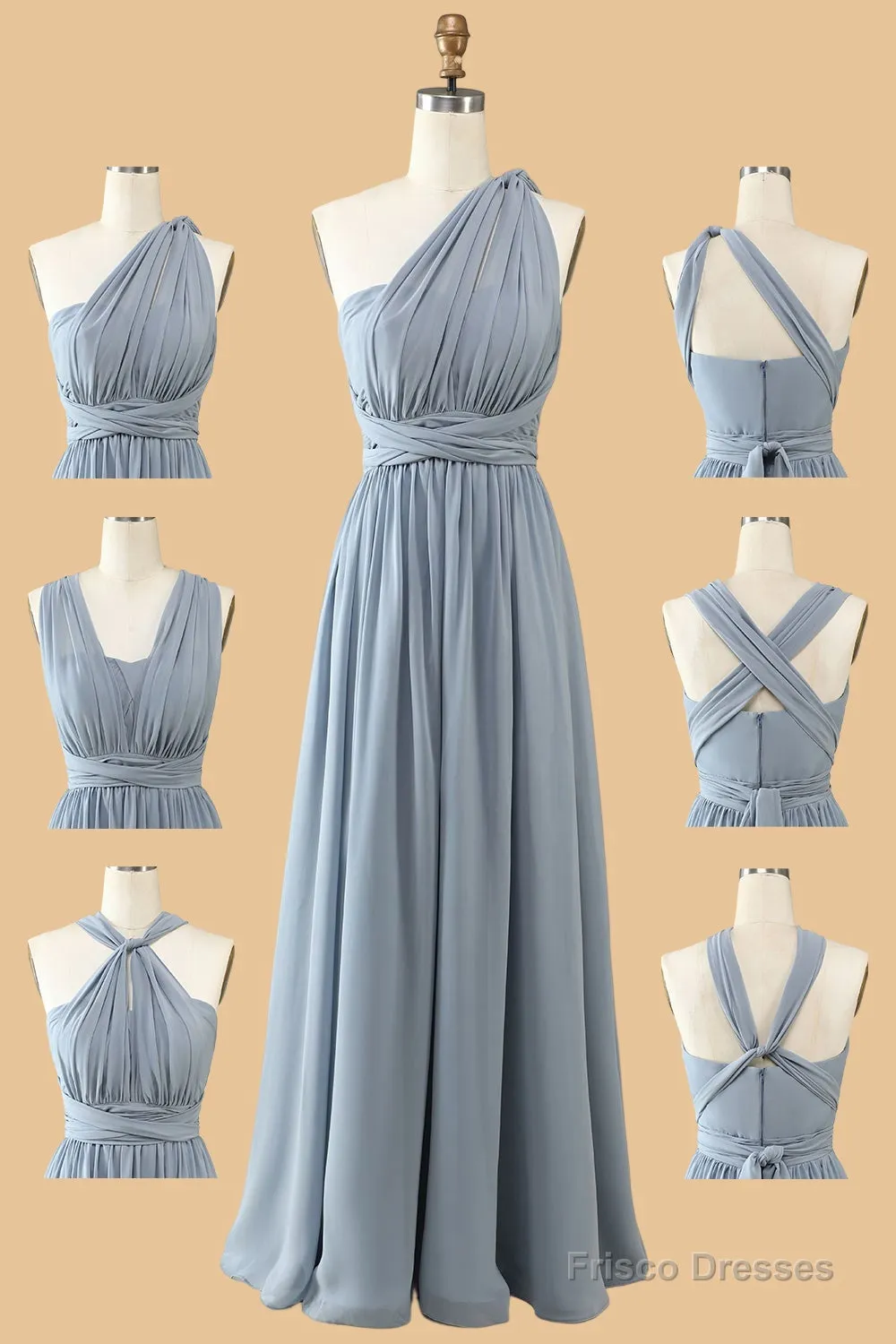 Dusty Blue A-line Chiffon Long Convertible Bridesmaid Dress