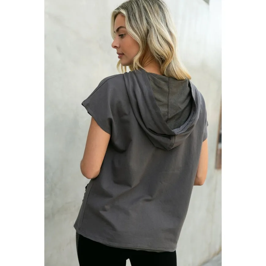 Hoodie Short Sleeve Top with Chains Charcoal