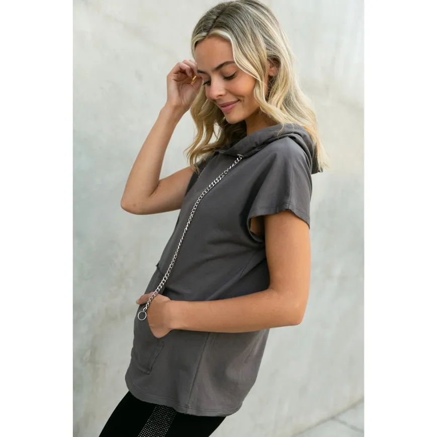Hoodie Short Sleeve Top with Chains Charcoal