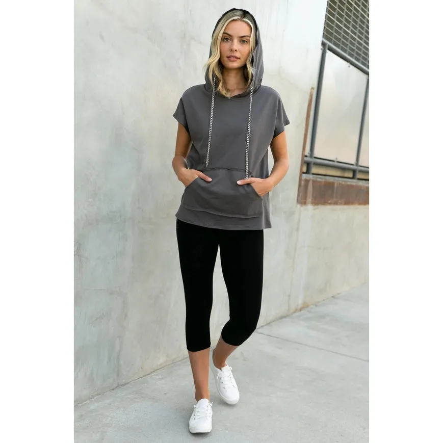 Hoodie Short Sleeve Top with Chains Charcoal