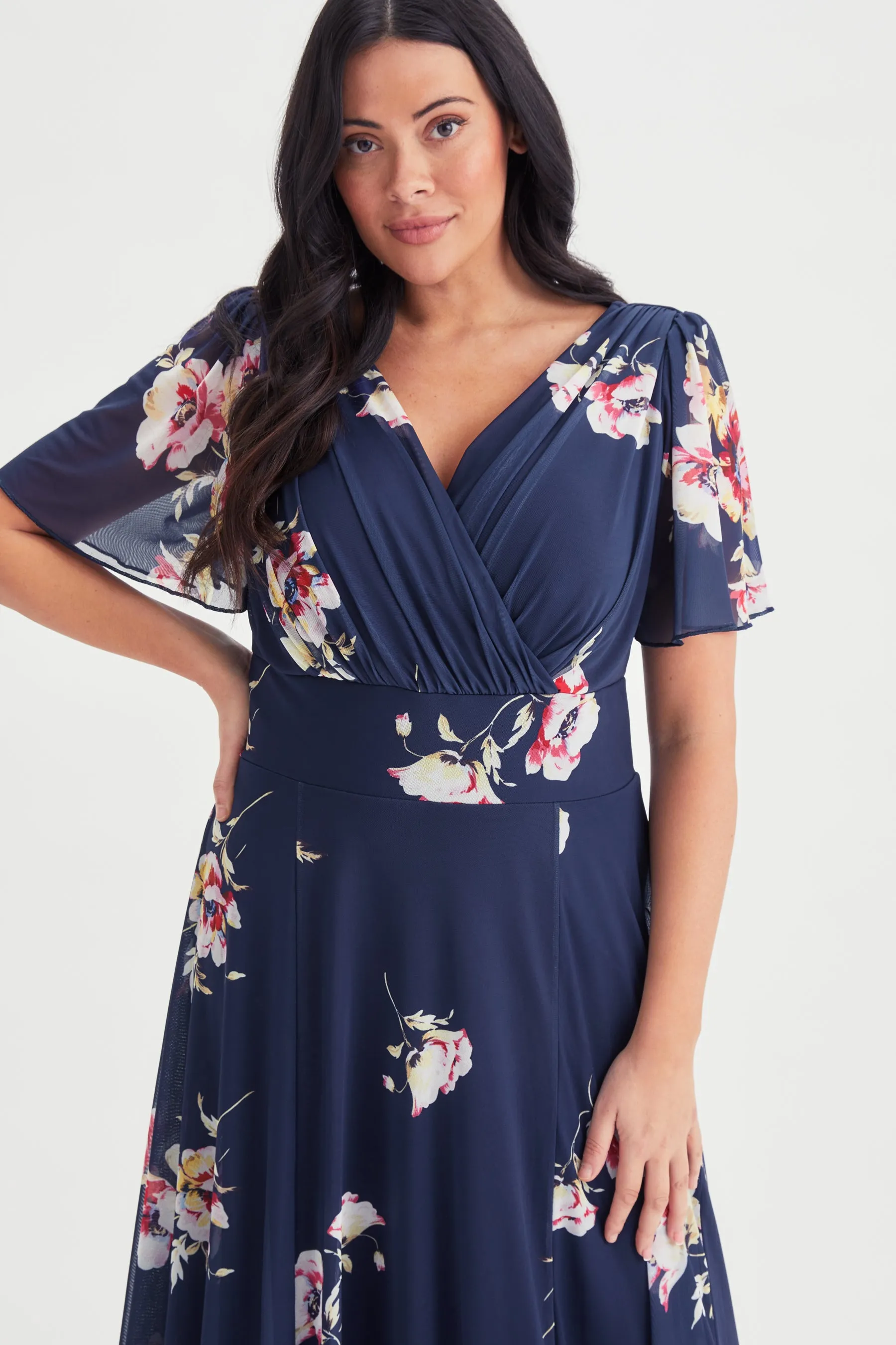 Isabelle Navy Flower Float Sleeve Maxi Dress