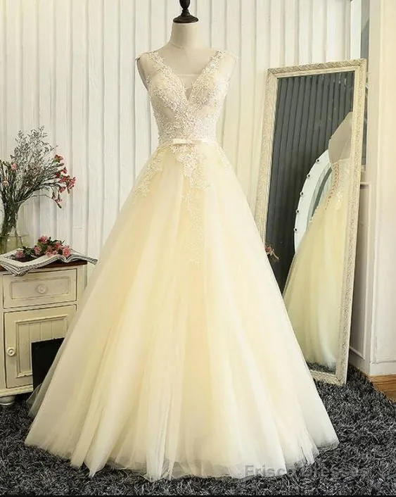 Lace Wedding Dresses, Lovely Light Champagne Tulle Long Lace Prom Dress