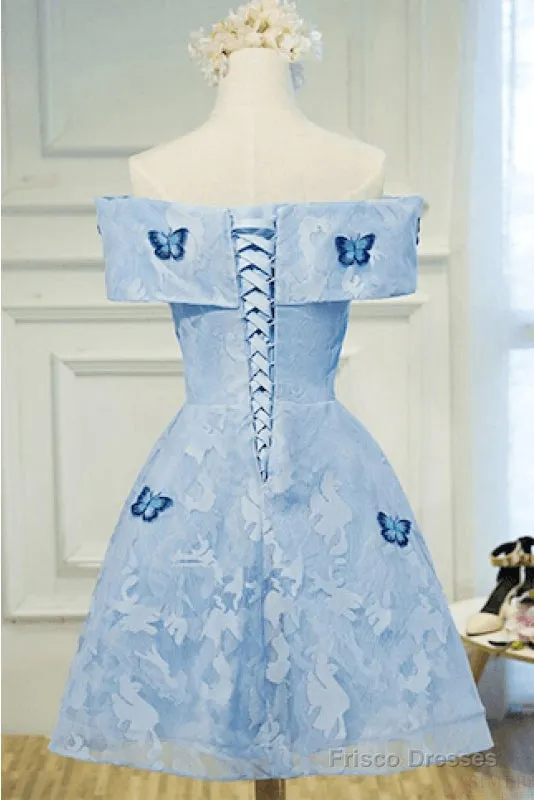Light Blue Lace With Butterflies Short Homecoming Dress, Blue Prom Dress