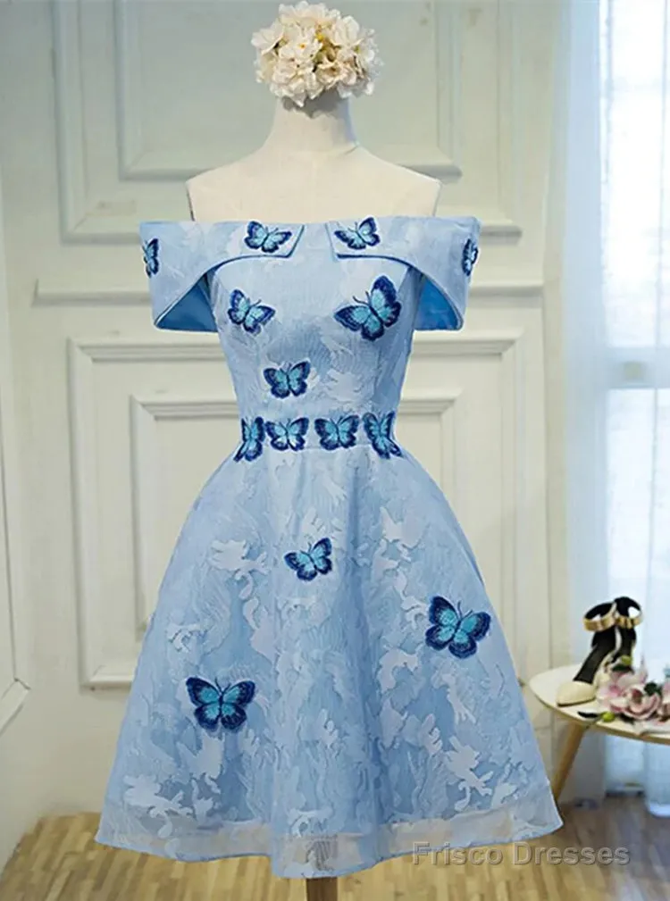 Light Blue Lace With Butterflies Short Homecoming Dress, Blue Prom Dress