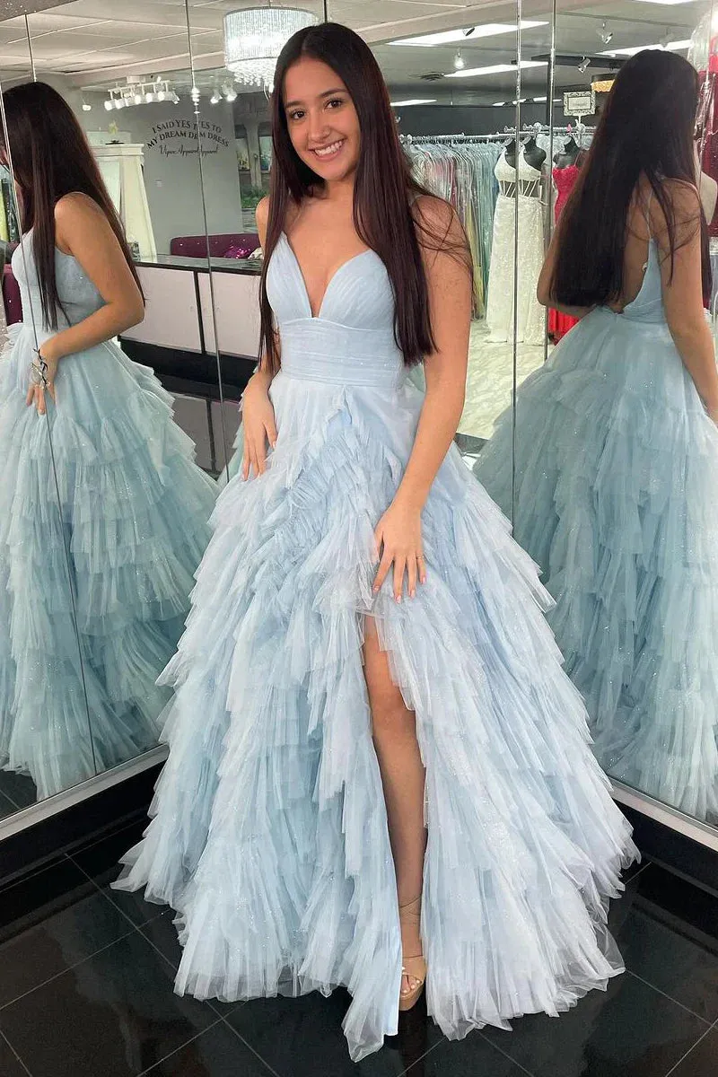 Light Blue Spaghetti Straps Tiered Tulle Long Prom Dresses With Slit
