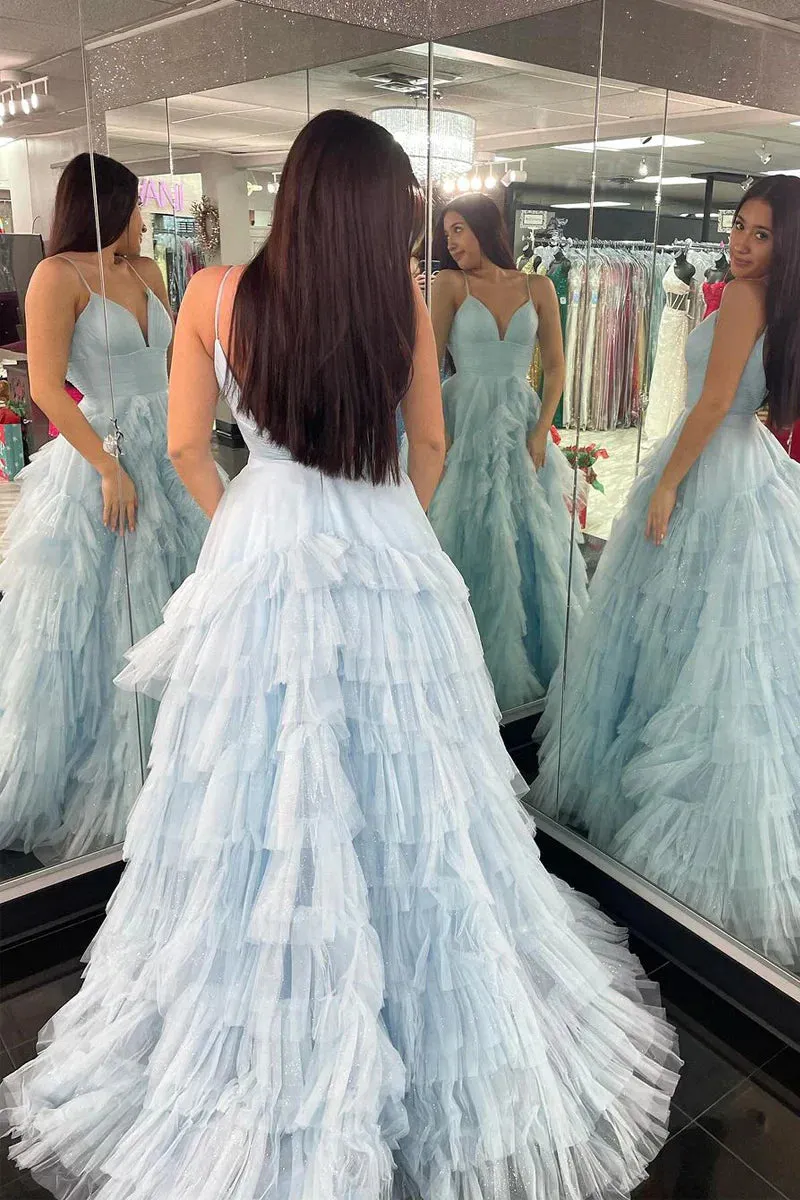 Light Blue Spaghetti Straps Tiered Tulle Long Prom Dresses With Slit