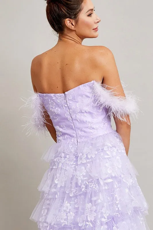 Lilac Off Shoulder Sweetheart Feather Applique Tier Dress