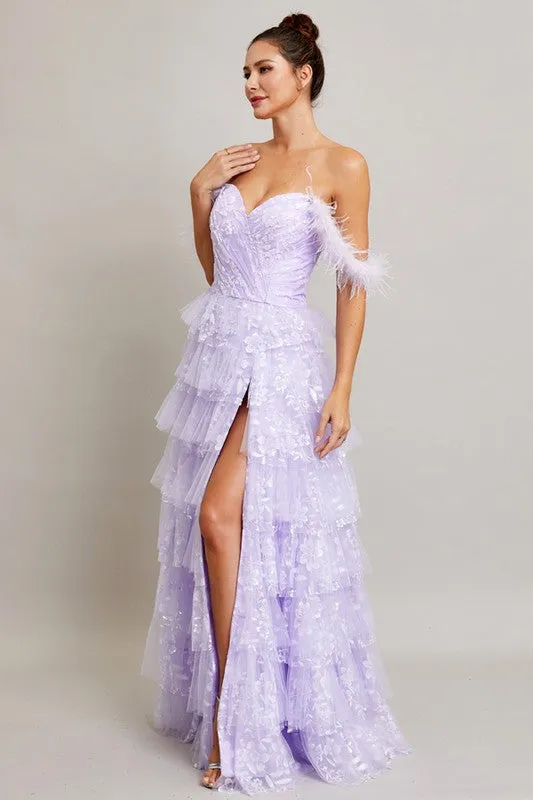 Lilac Off Shoulder Sweetheart Feather Applique Tier Dress