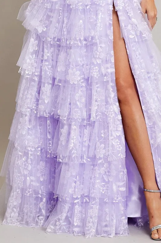 Lilac Off Shoulder Sweetheart Feather Applique Tier Dress