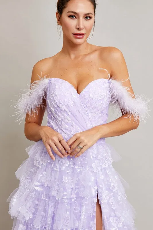 Lilac Off Shoulder Sweetheart Feather Applique Tier Dress