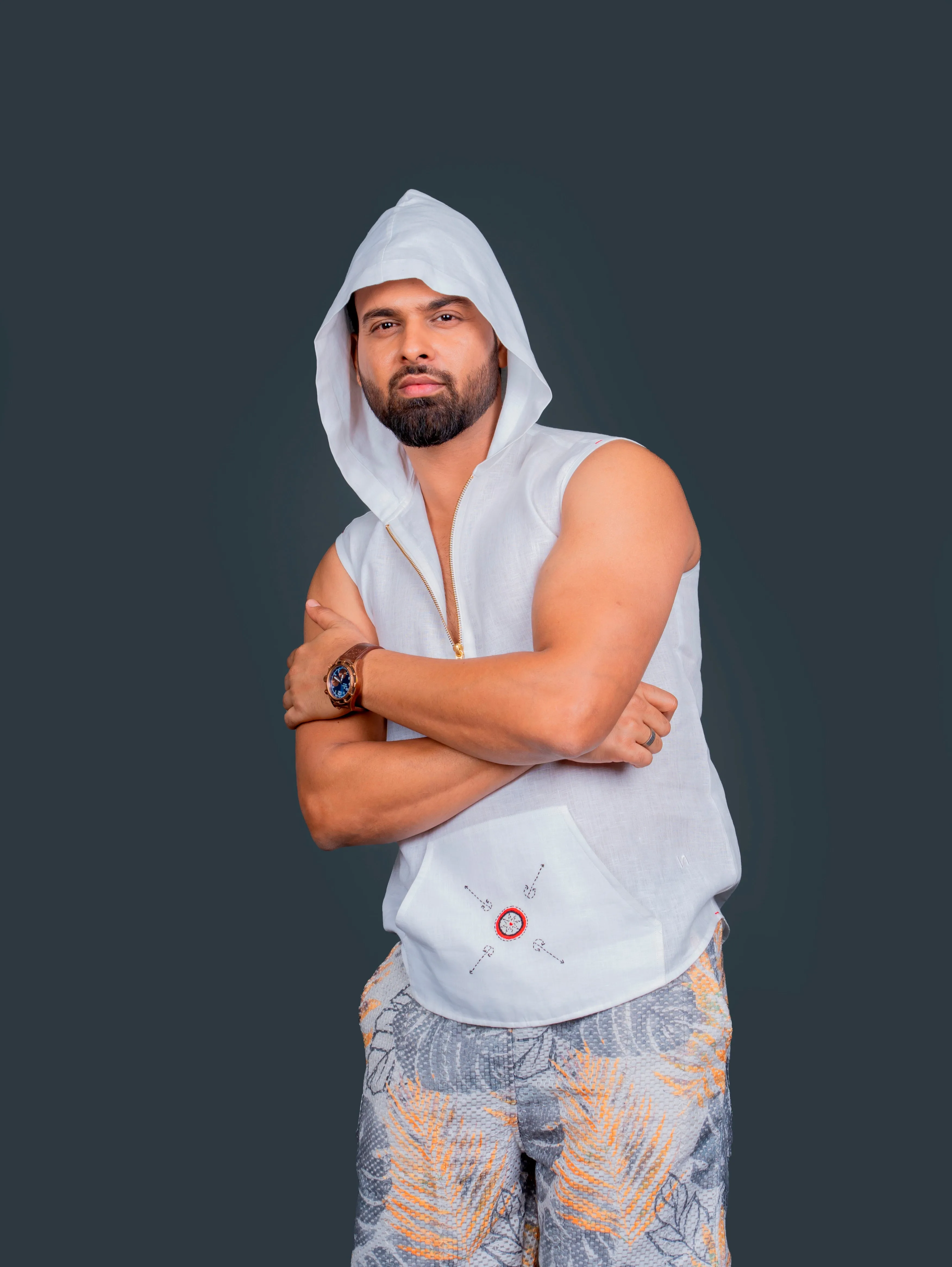 Linen Sleeveless Hoodie With Hand Embroidery On Kangaroo Pocket