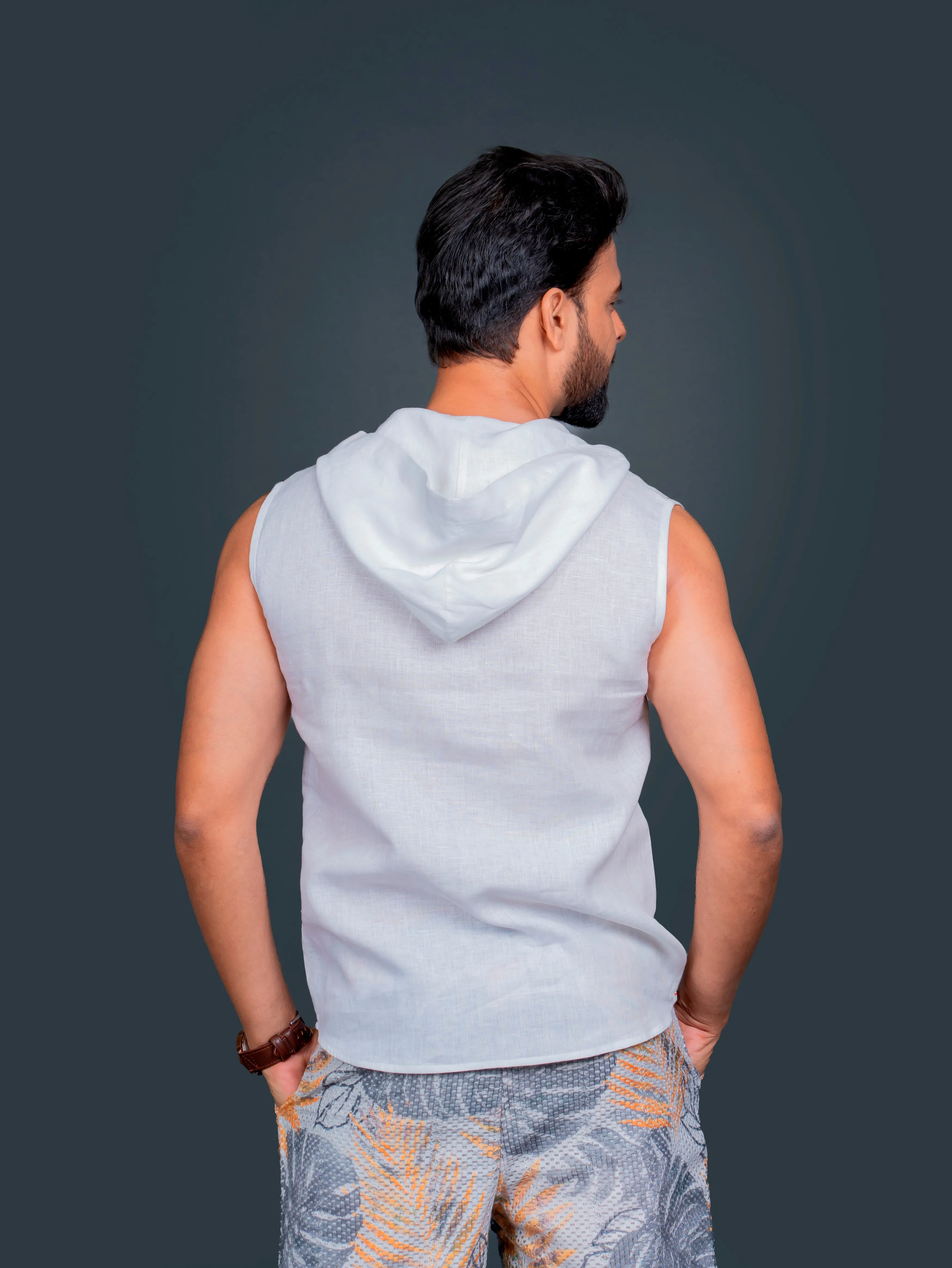 Linen Sleeveless Hoodie With Hand Embroidery On Kangaroo Pocket