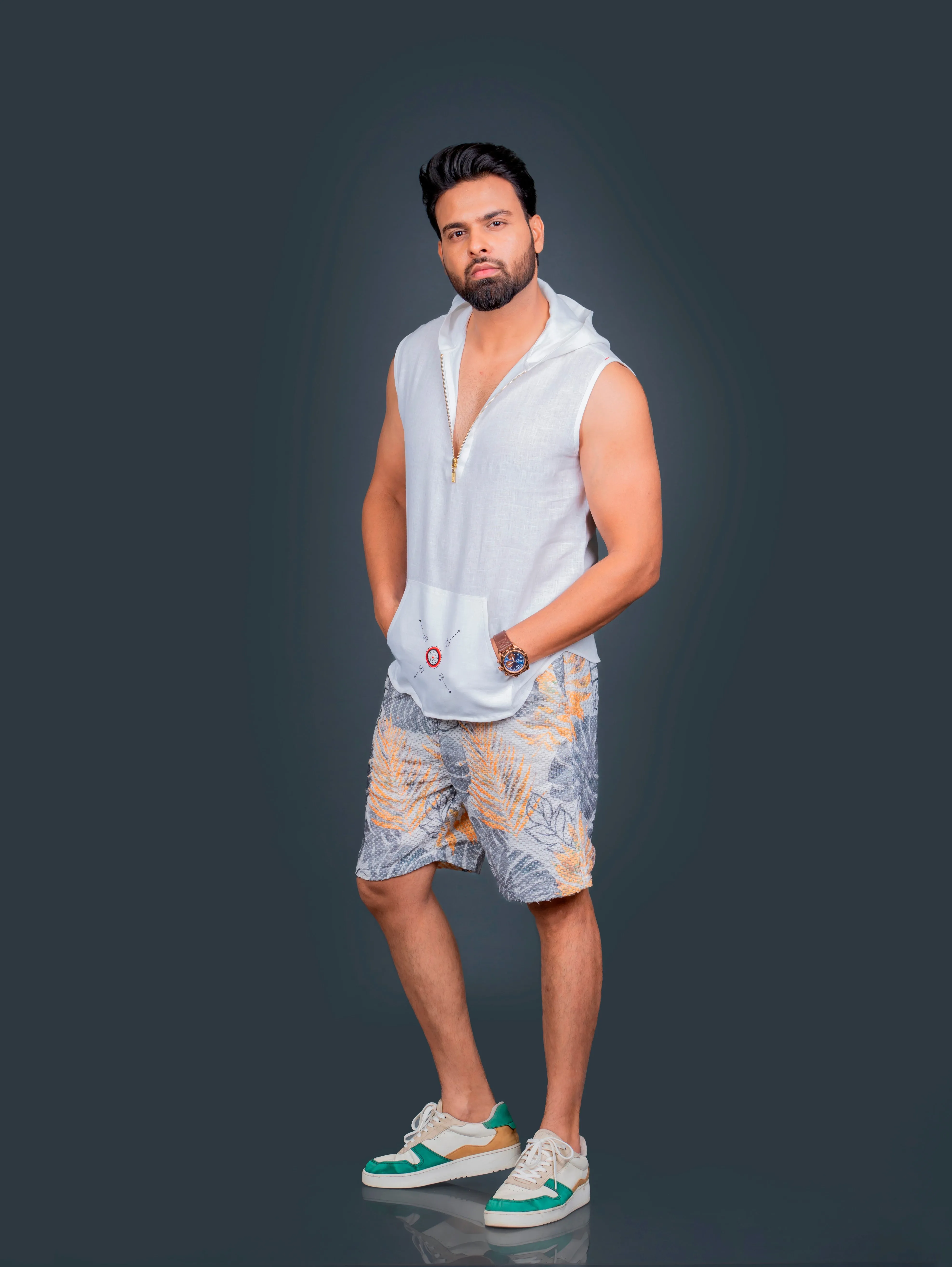 Linen Sleeveless Hoodie With Hand Embroidery On Kangaroo Pocket