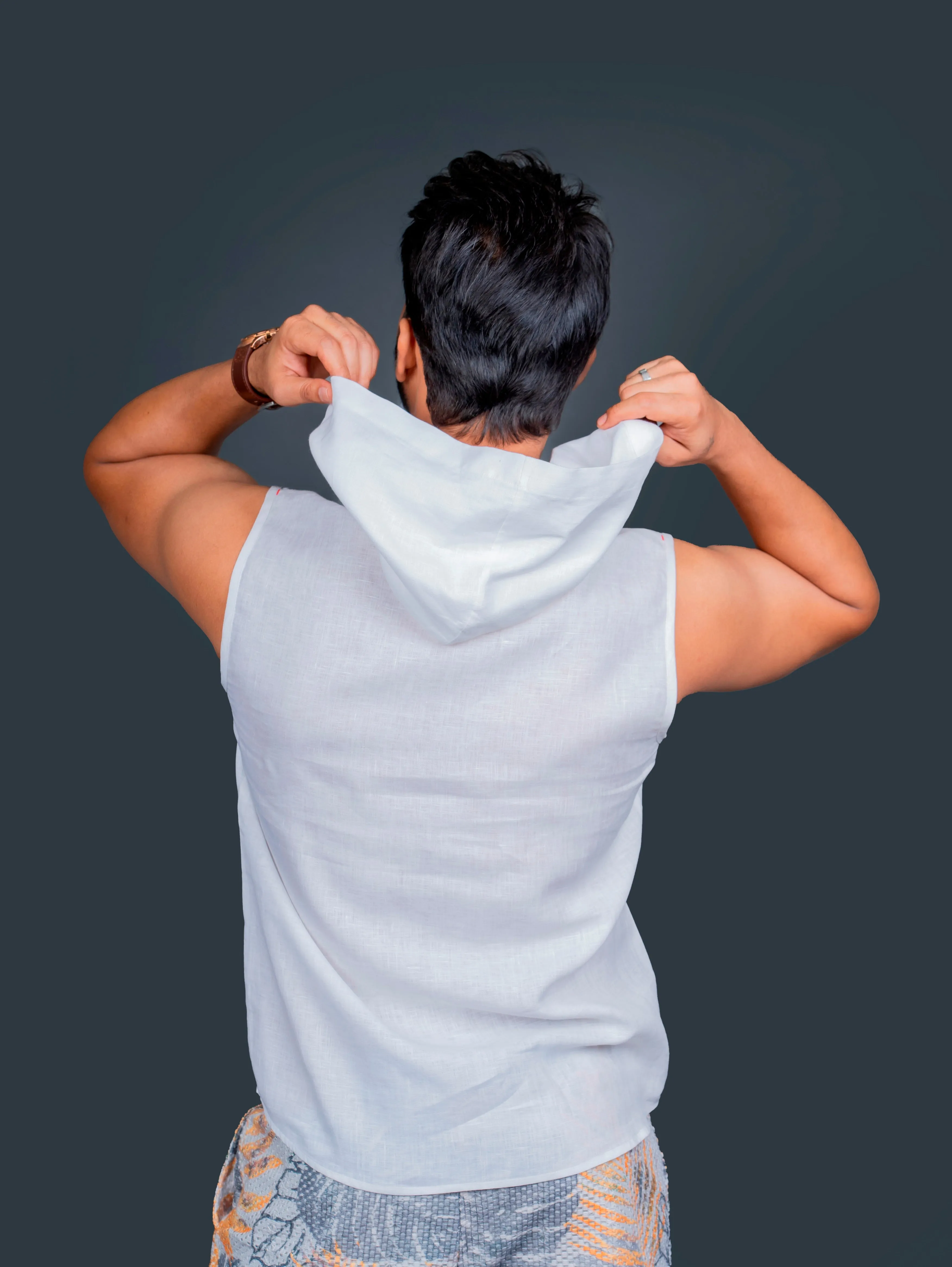 Linen Sleeveless Hoodie With Hand Embroidery On Kangaroo Pocket