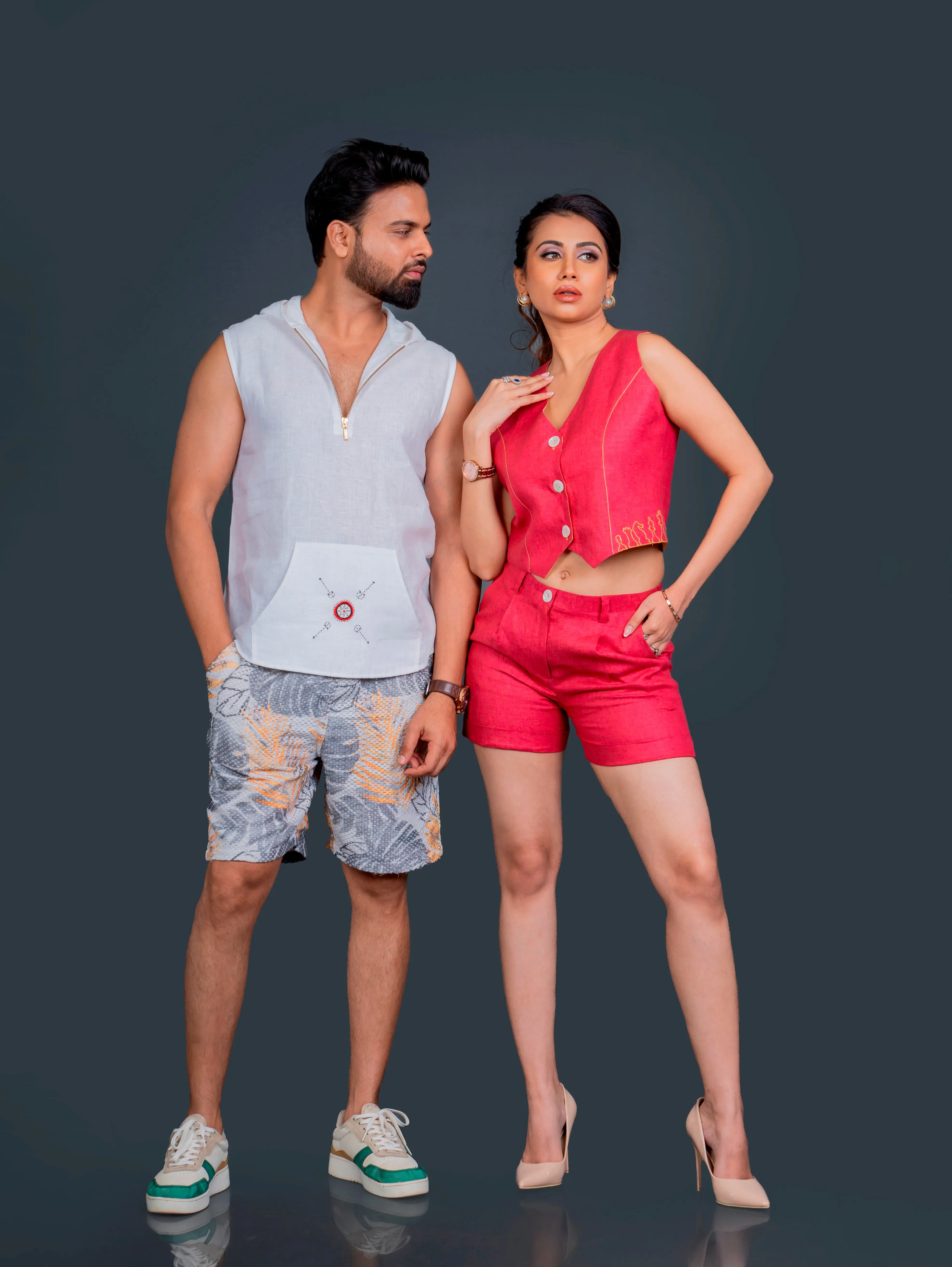 Linen Sleeveless Hoodie With Hand Embroidery On Kangaroo Pocket