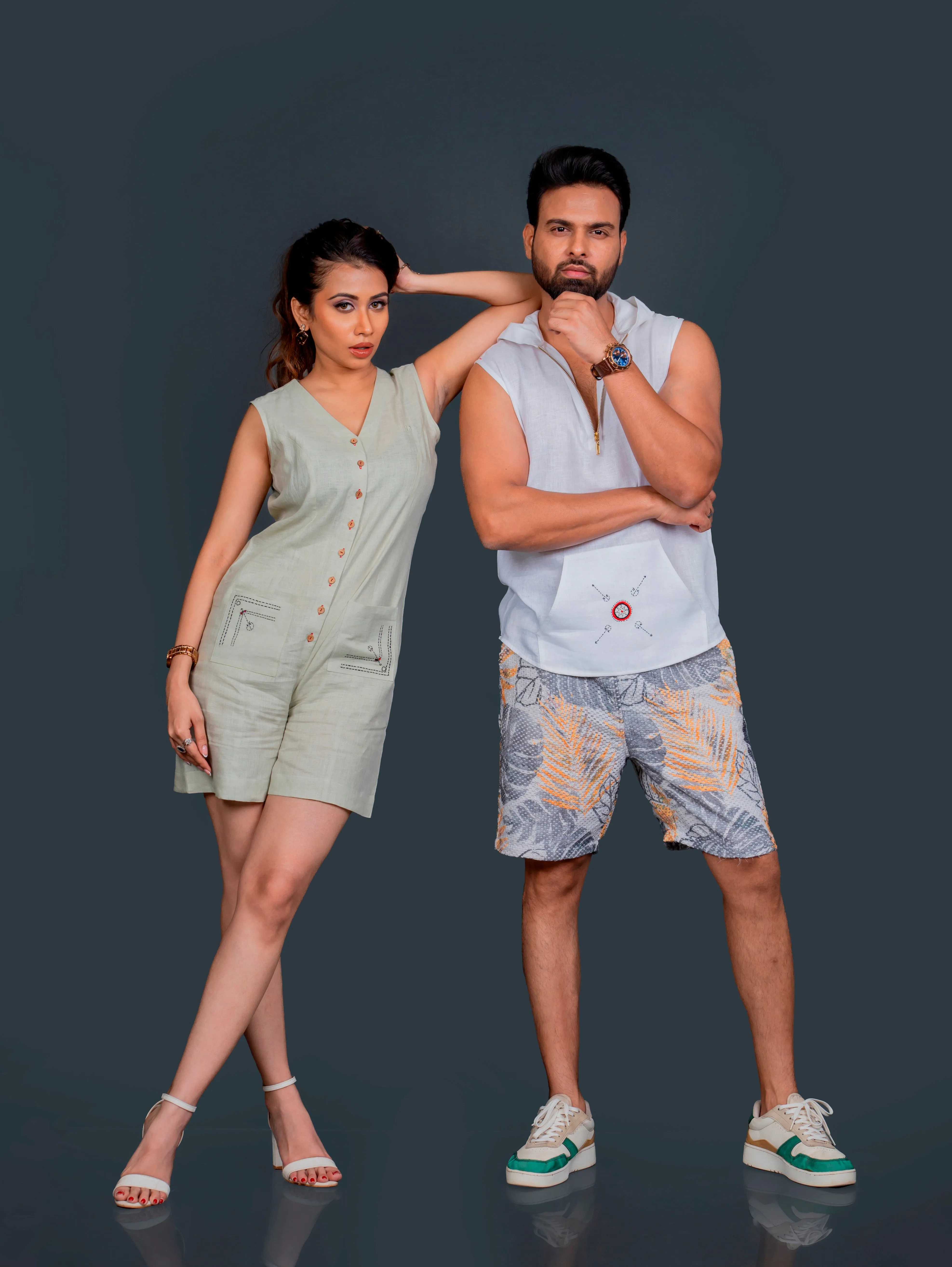 Linen Sleeveless Hoodie With Hand Embroidery On Kangaroo Pocket