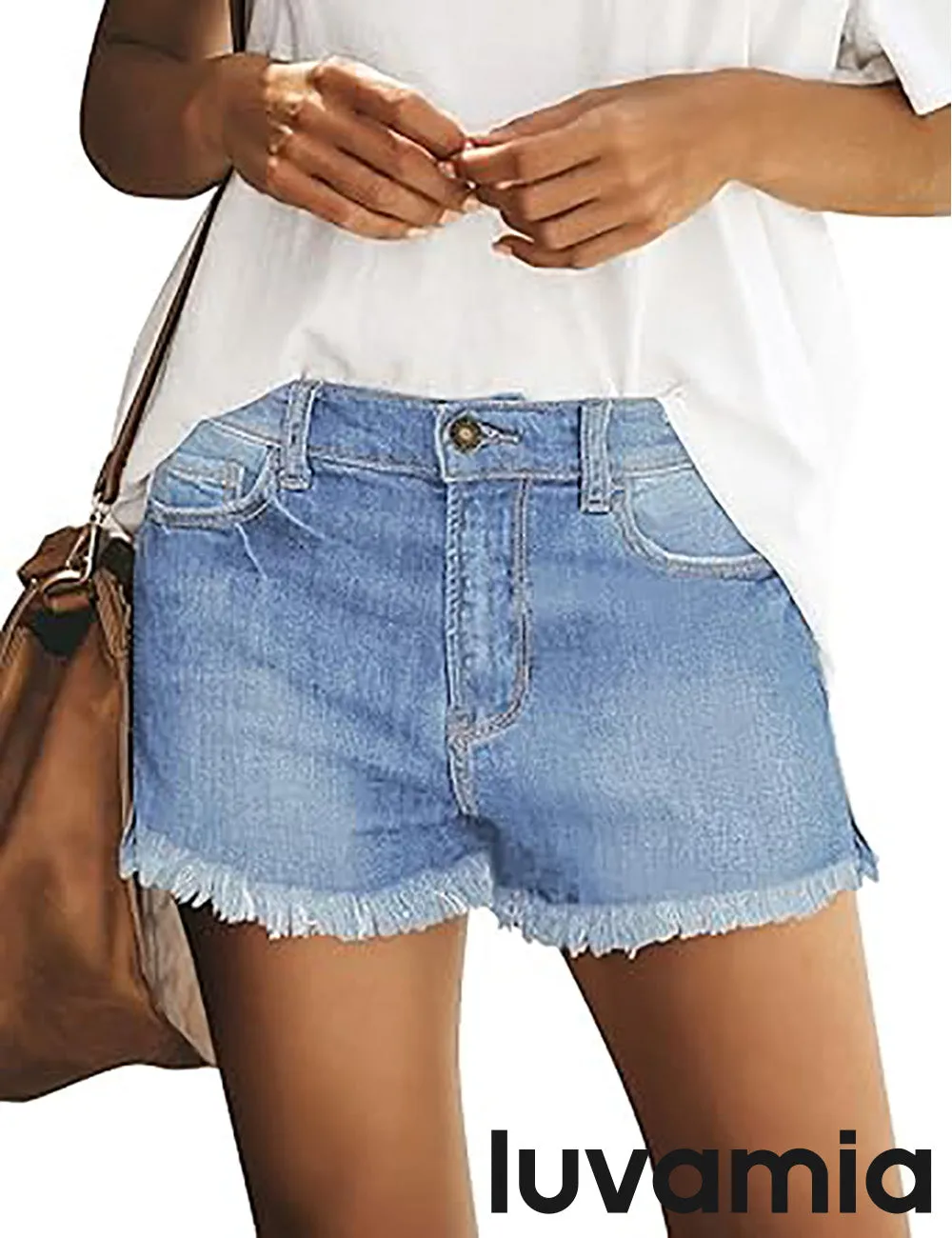 luvamia Women's Casual Ripped Denim Shorts Mid Rise Stretch Folded Hem Short Jeans