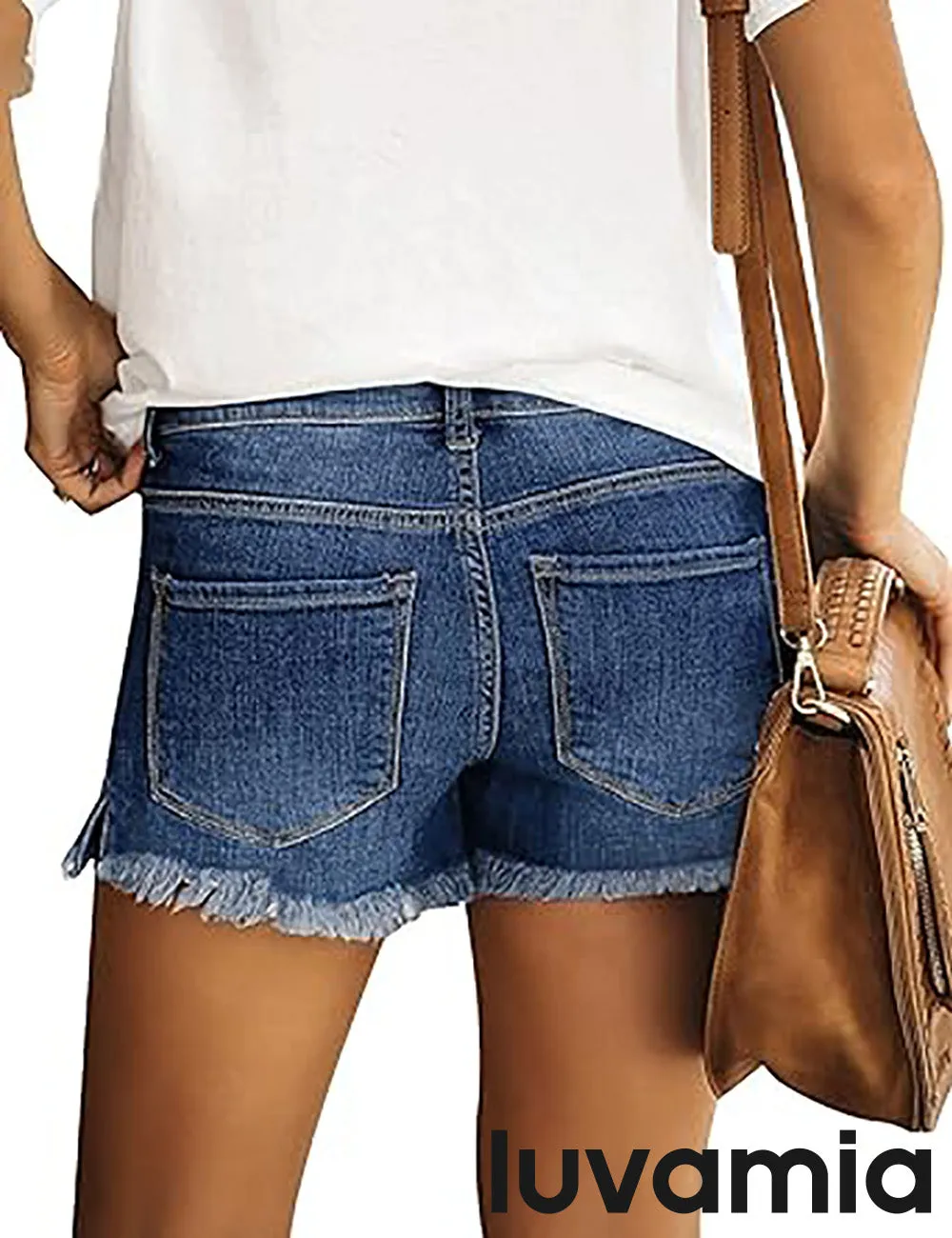 luvamia Women's Casual Ripped Denim Shorts Mid Rise Stretch Folded Hem Short Jeans