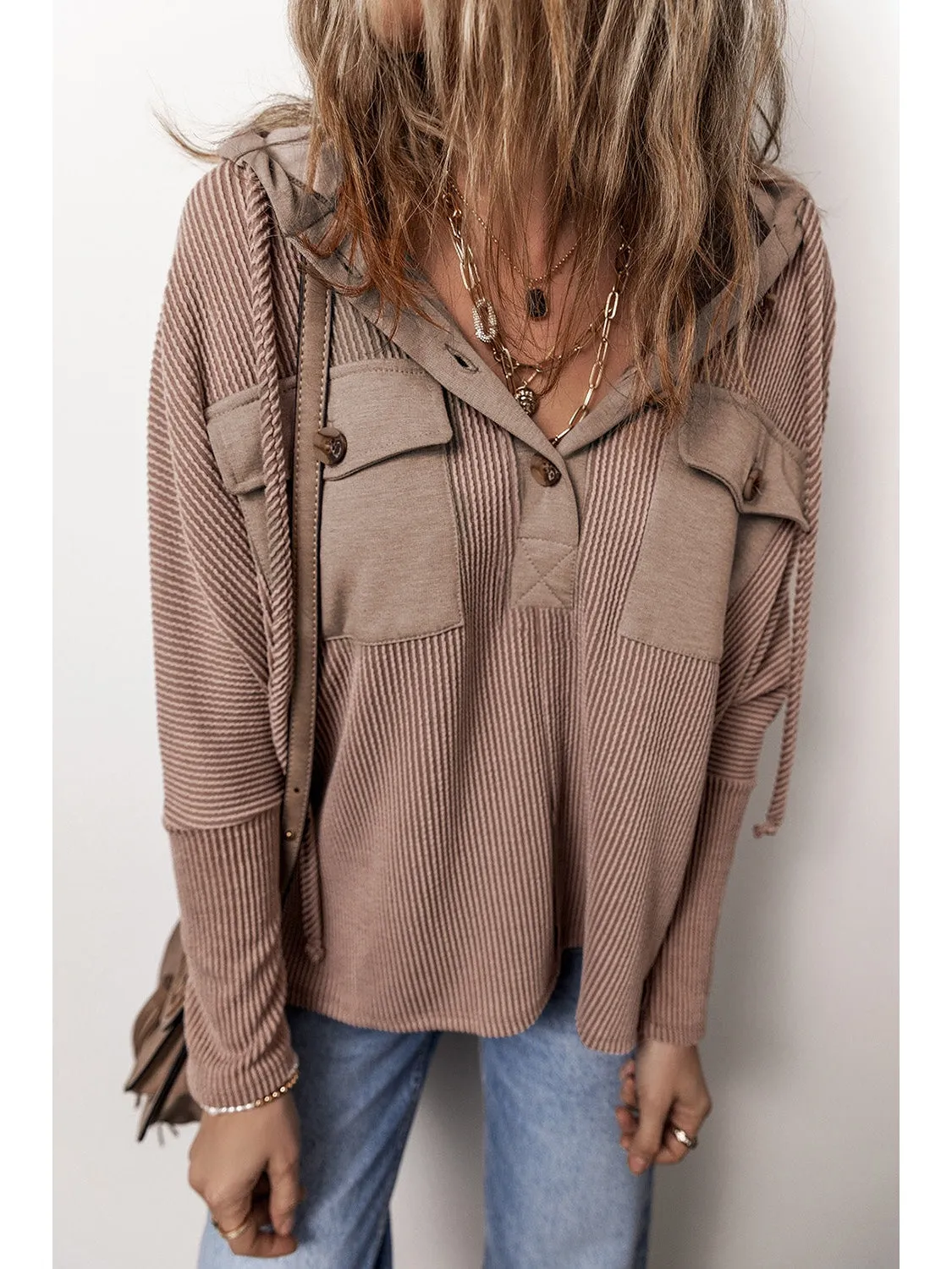 NicholesGifts Women Pocketed Half Button Long Sleeve Hoodie