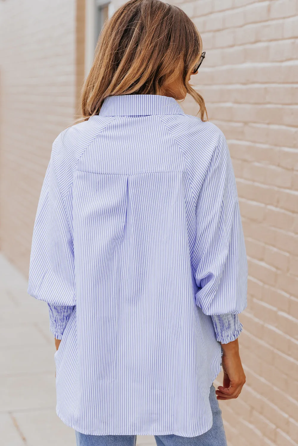 Smocked Cuffed Striped Boyfriend Shirt with Pocket