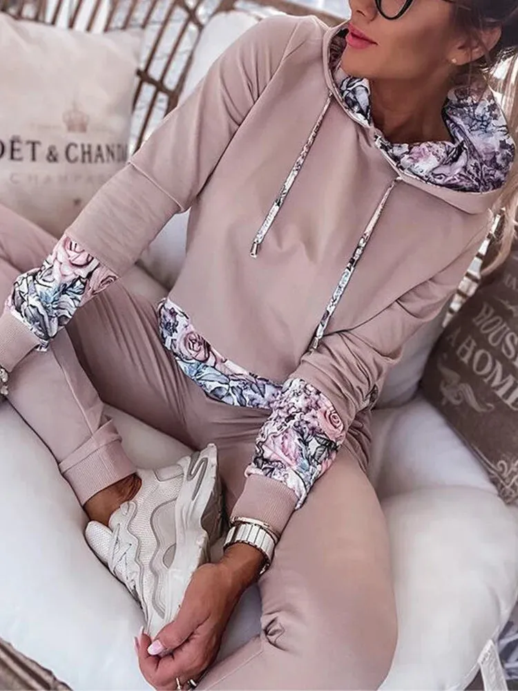 UAKISS  -  Tracksuits Suits Women Casual Hoodies Sweatpants Floral Print Warm Suits Autumn Winter Pullover Sweatshirts Pants 2 Piece Set