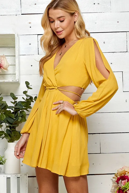 Yellow Cutout Open Sleeve V-neck Dress
